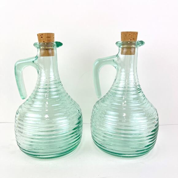 Crate and Barrel Cordoba Cruet Green Glass Set Oil and Vinegar - Picture 1 of 6
